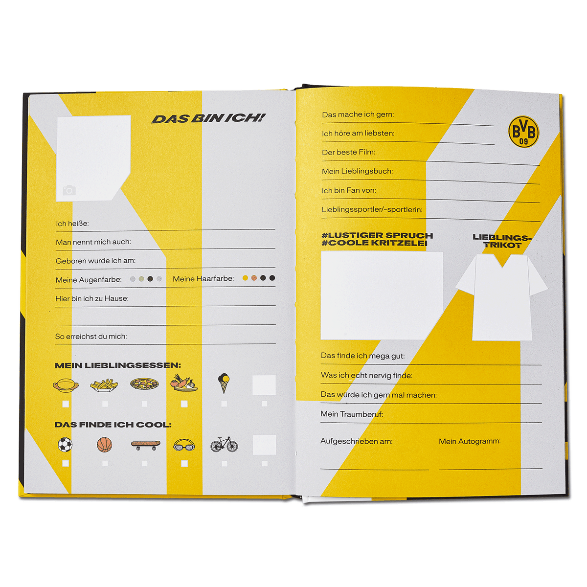 Offenes BVB Freundealbum mit schwarzgelbem Design, das personalisierbare Seiten und Illustrationen für Fußballfans enthält.