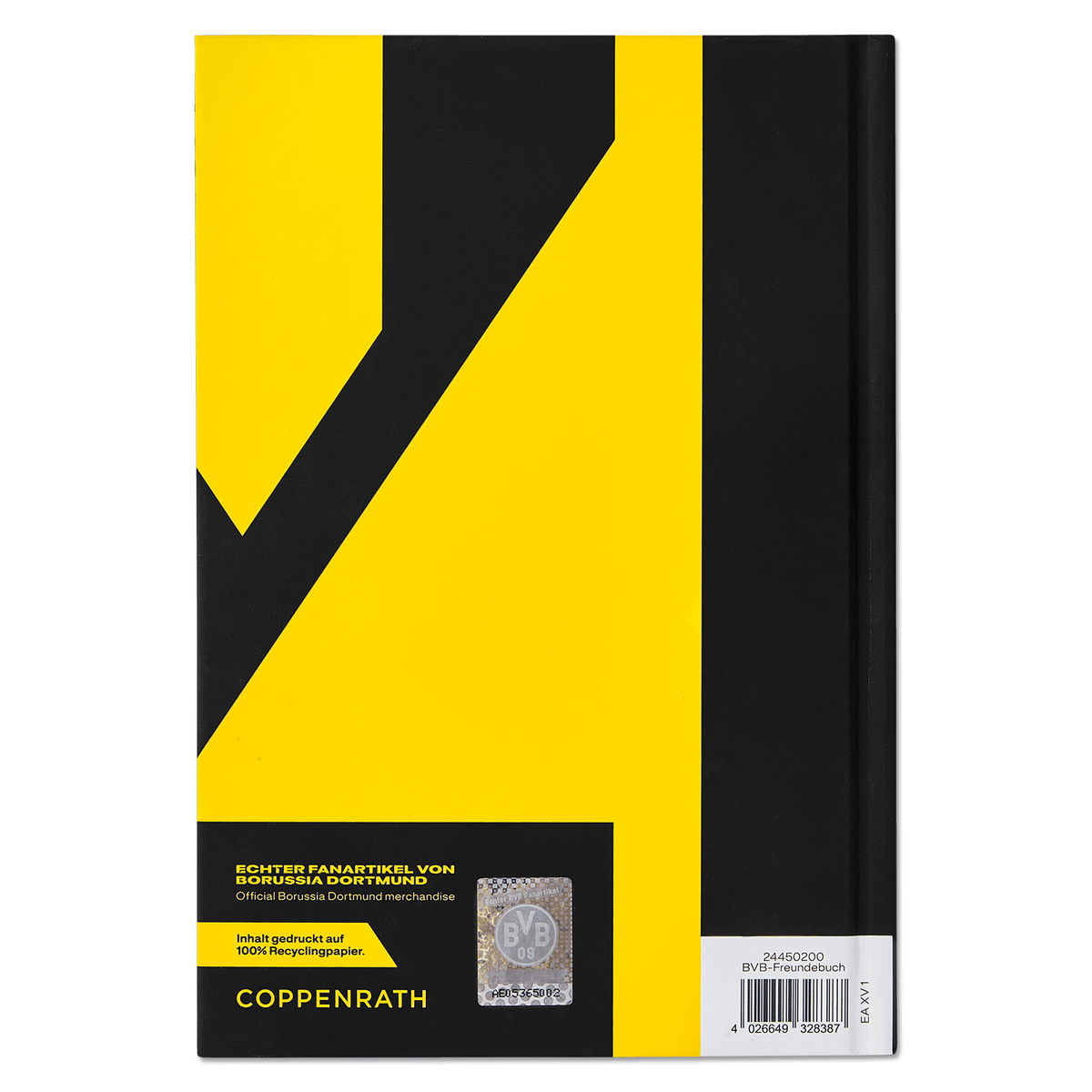 Album « BVB Freunde » noir et jaune de Coppenrath, en papier 100 % recyclé, produit officiel du Borussia Dortmund.