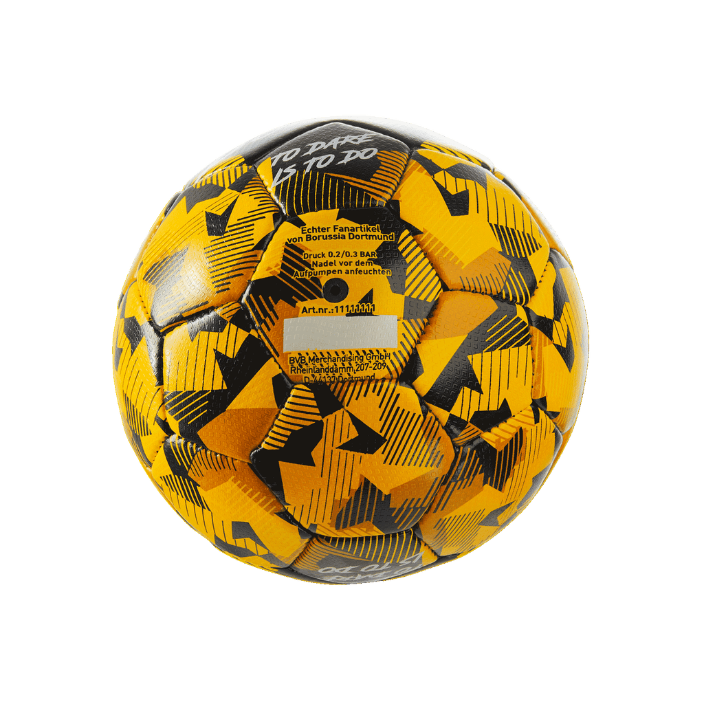 Schwarzgelber Fußball mit modernem Design und dem Schriftzug 'To Dare Is To Do', offizieller BVB-Fanartikel.