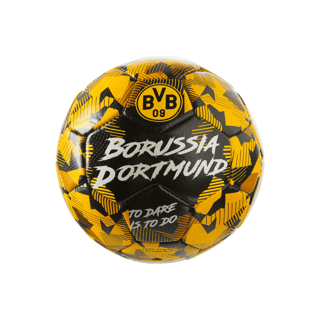 BVB Ball Spirit in Größe 1 mit schwarzem und gelbem Muster, Borussia Dortmund-Logo und Schriftzug.