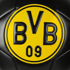Pallone nero del BVB con il logo giallo del BVB in rilievo e lettere nere, perfetto per i tifosi del Borussia Dortmund.