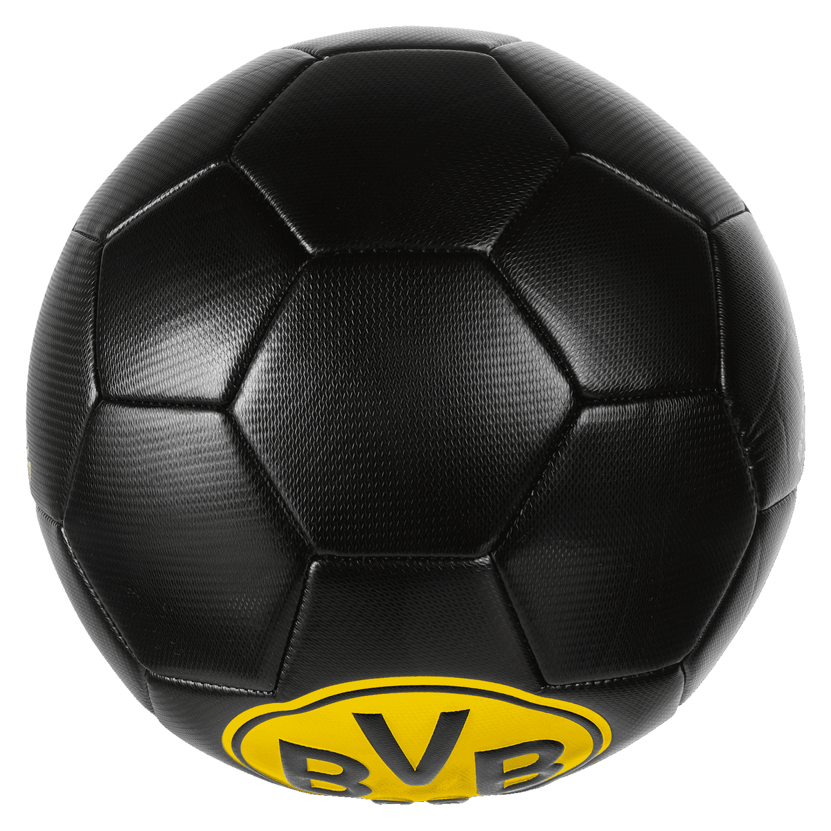 Pallone da calcio nero del BVB con logo in rilievo giallo e nero, ideale per i tifosi del Borussia Dortmund e gli appassionati di calcio.