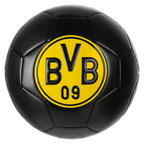 Pallone da calcio nero con logo giallo del BVB e motivo in rilievo, ideale per i tifosi del Borussia Dortmund e gli appassionati di sport.