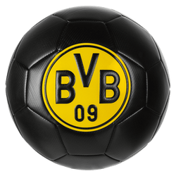 Black soccer ball with a yellow BVB logo and embossed design, perfect for Borussia Dortmund fans and sports enthusiasts.