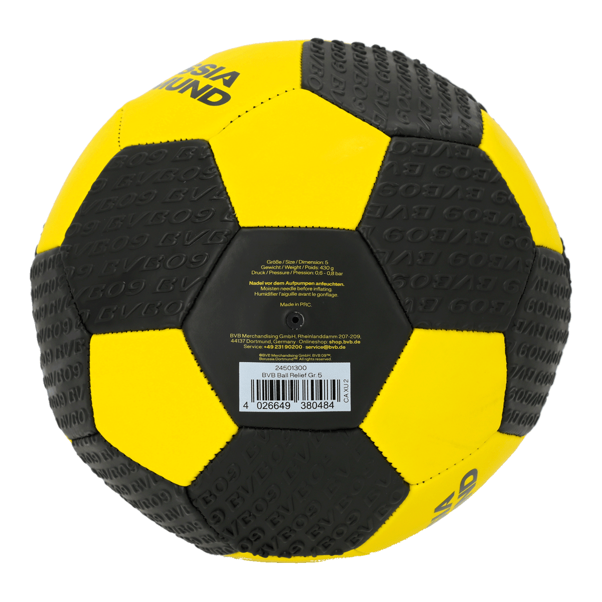 这款黑色与黄色相间的多特蒙德足球（BVB）采用醒目的浮雕图案设计，印有多特蒙德（Borussia Dortmund）品牌标识，尺寸为5号。