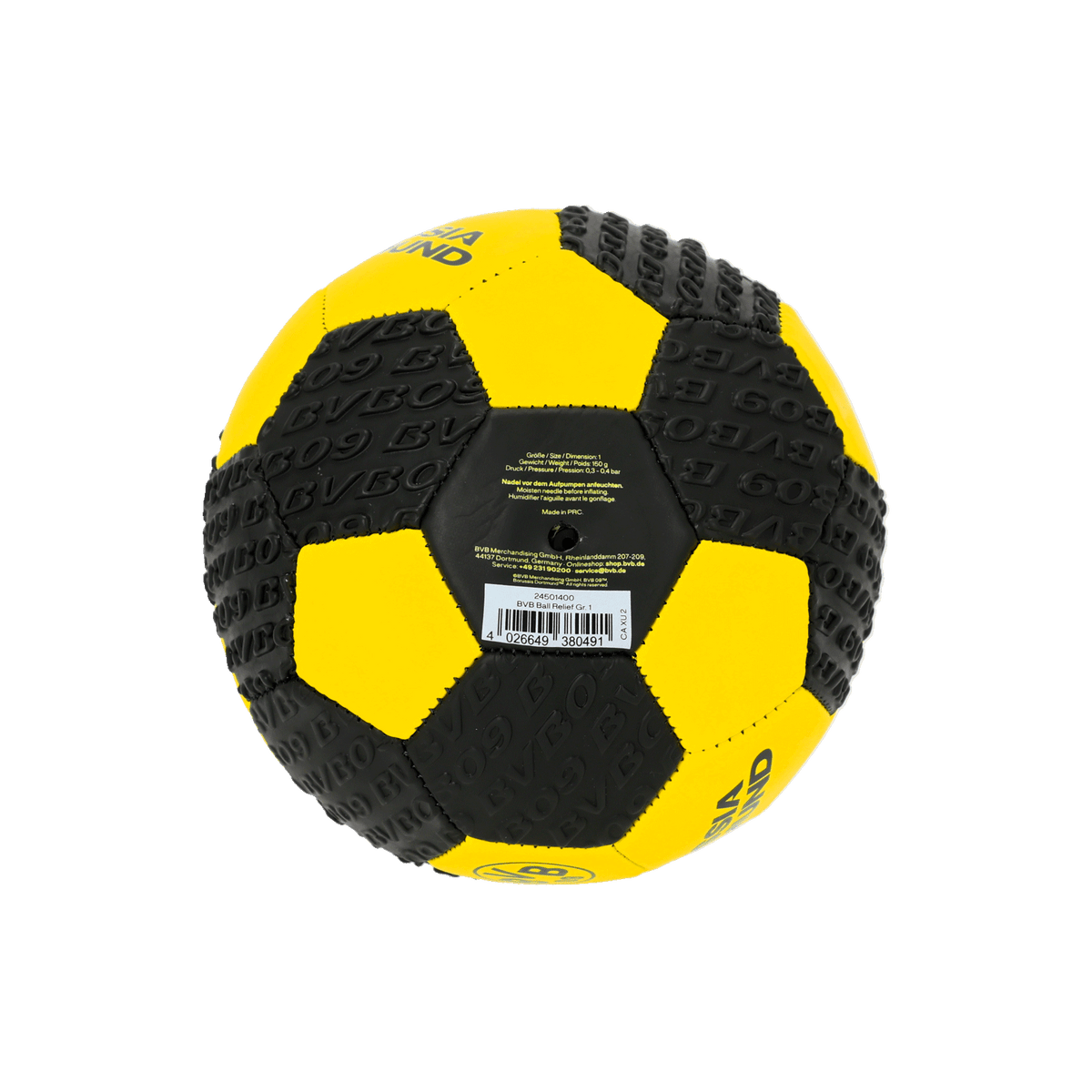 Pallone da calcio nero e giallo del BVB, taglia 1, con motivo BVB impresso. Perfetto come gadget per i tifosi e come accessorio per le partitelle dei più piccoli.