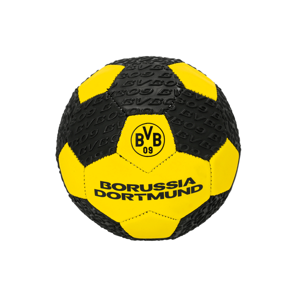 ボルシア・ドルトムントのロゴと文字が入った、サイズ1の黒と黄色のBVBボール。ファンやサッカー愛好家に最適です。