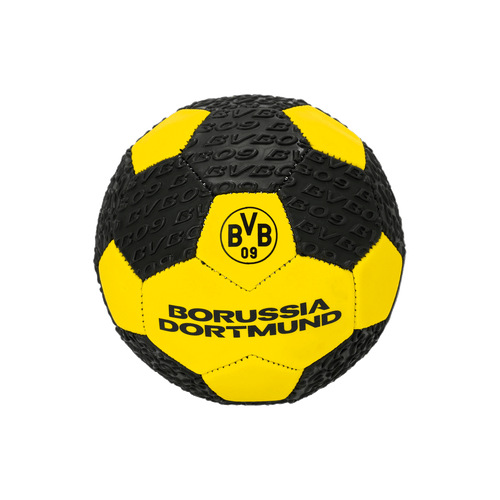 Un ballon du BVB noir et jaune, taille 1, orné du logo et du nom du Borussia Dortmund, idéal pour les supporters et les passionnés de football.