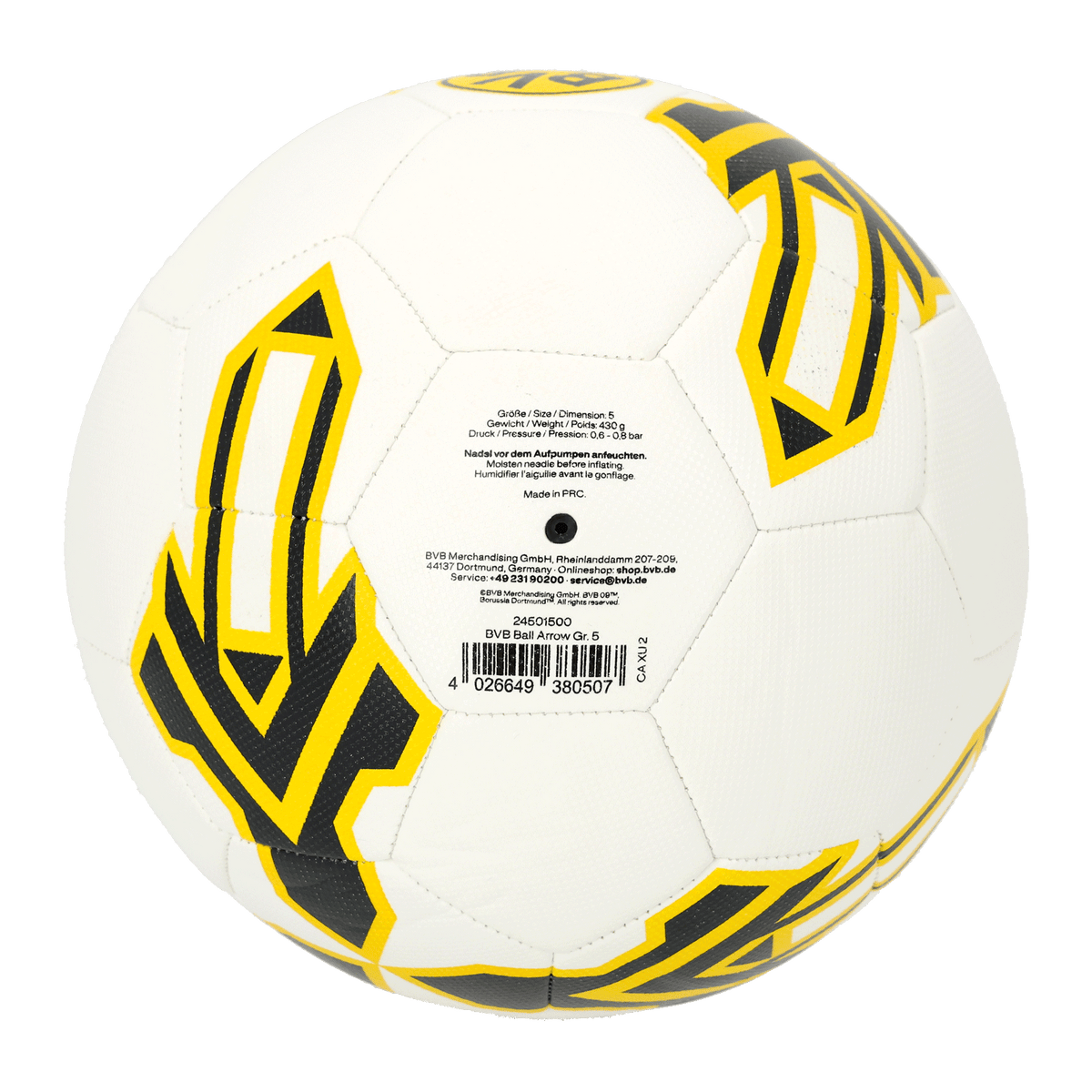 Weißer BVB-Fußball in Größe 5 mit schwarzgelbem Design, ideal für Fans und Sportbegeisterte.