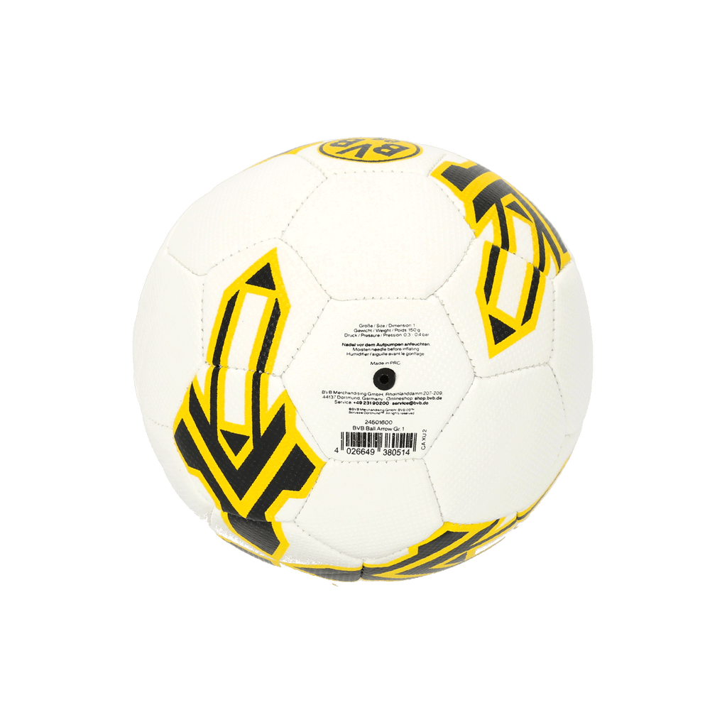 White BVB Ball Arrow, size 1, with a black-and-yellow design; official Borussia Dortmund fan merchandise.