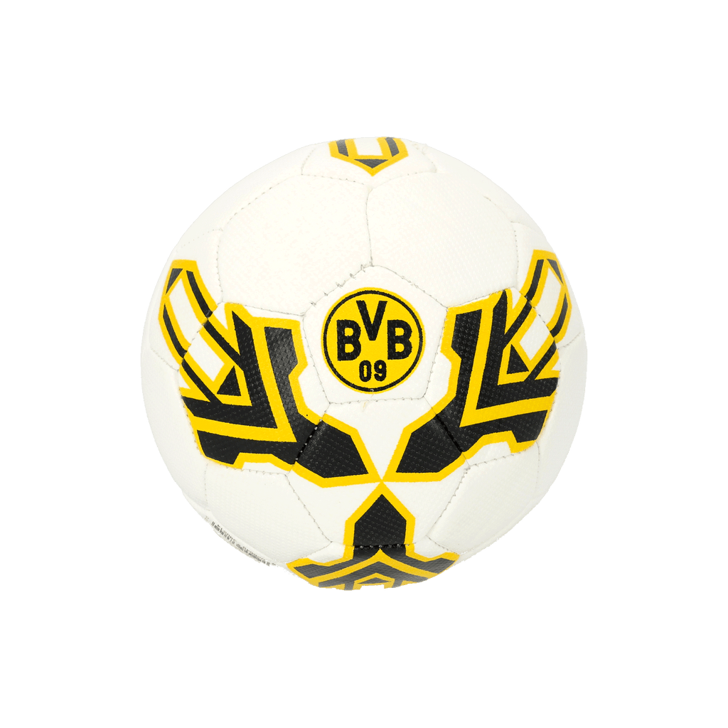 White soccer ball with a black-and-yellow pattern and the BVB logo, Borussia Dortmund fan merchandise, front view.