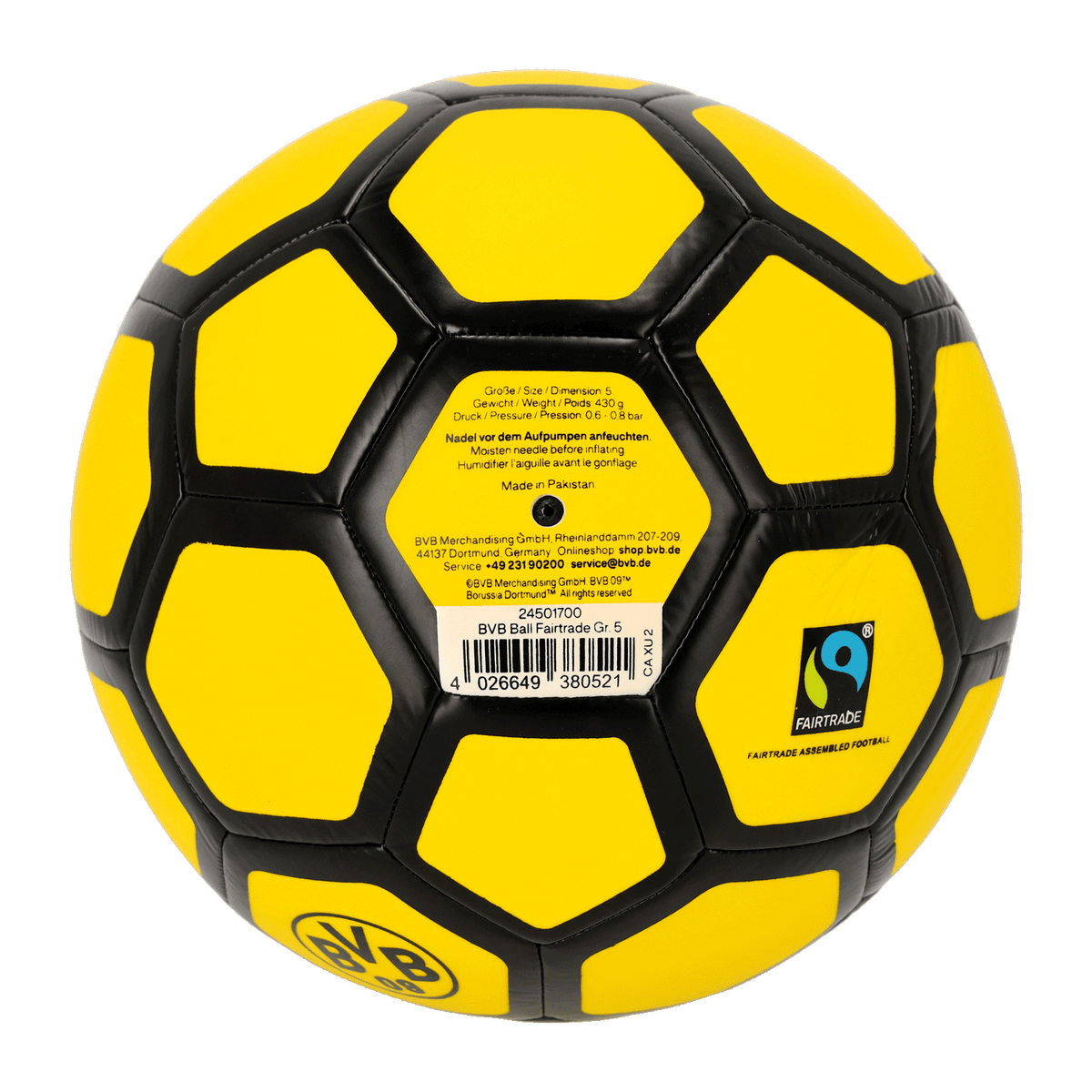 Black-and-yellow BVB soccer ball, size 5, featuring the Fairtrade logo and the BVB emblem—perfect for fans and soccer lovers.
