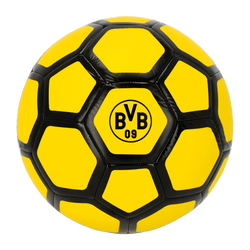Black-and-yellow BVB soccer ball with the BVB logo, perfect for Borussia Dortmund fans. Fairtrade-certified, size 5.