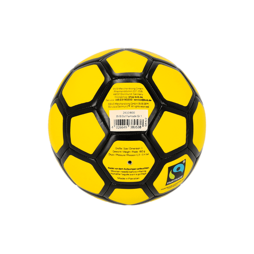Schwarzgelber BVB-Fußball in Größe 1, Fairtrade-zertifiziert, mit schwarzem Wabenmuster und Fairtrade-Logo, offizieller Borussia Dortmund Fanartikel.