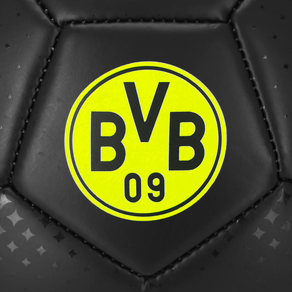 Black soccer ball, size 5, with a neon-colored BVB logo—perfect for BVB fans and training sessions.