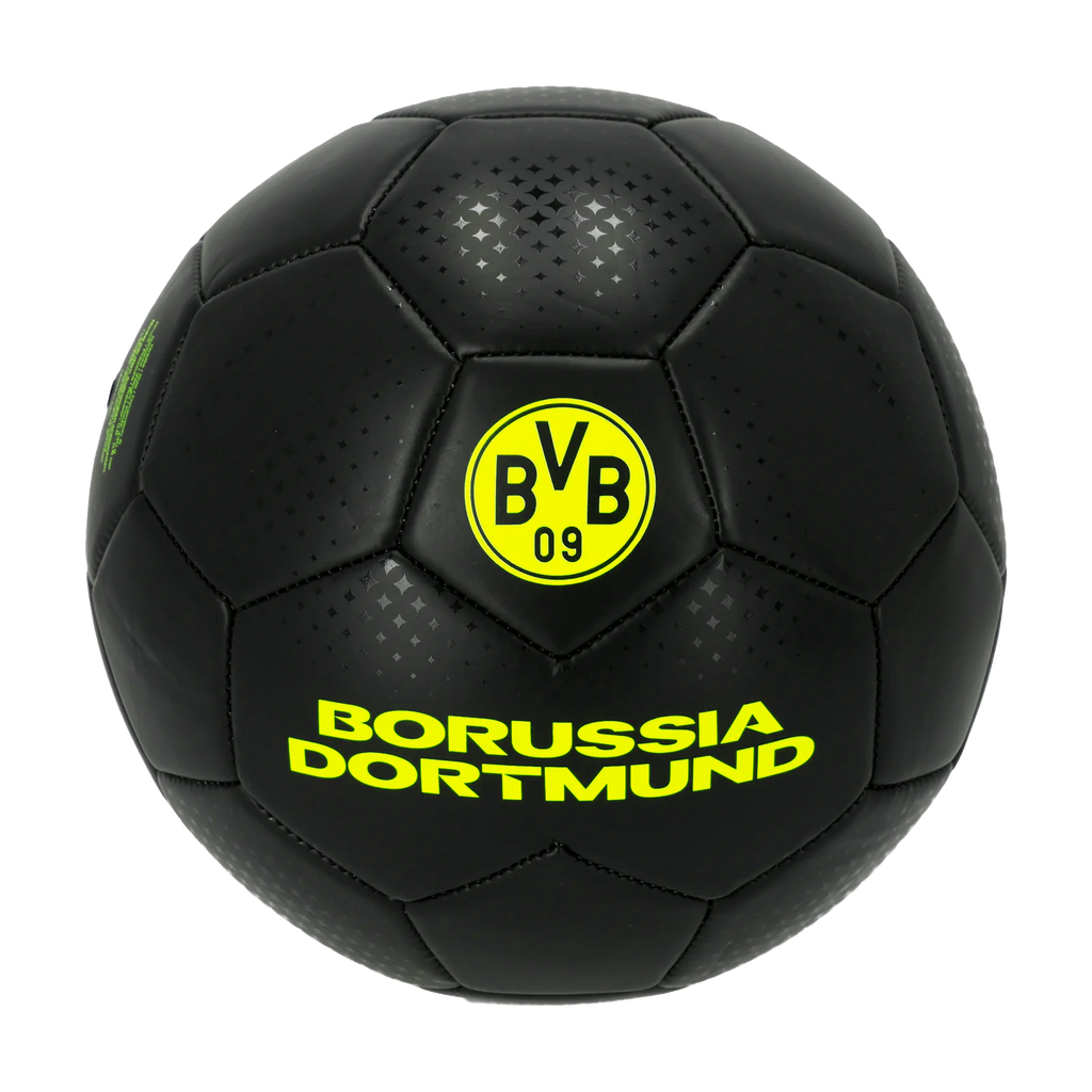 Black BVB soccer ball with a yellow Borussia Dortmund logo and lettering, size 5, perfect for soccer fans.