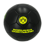 Black BVB soccer ball with a yellow Borussia Dortmund logo and lettering, size 5, perfect for soccer fans.