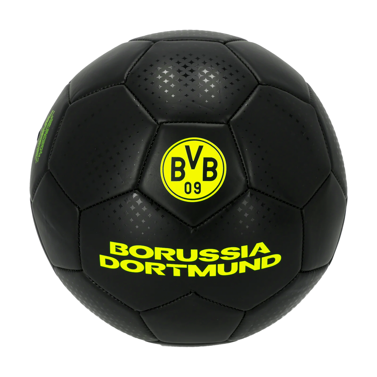Schwarzer BVB-Fußball mit gelbem Borussia Dortmund-Logo und Schriftzug, Größe 5, ideal für Fußballfans.