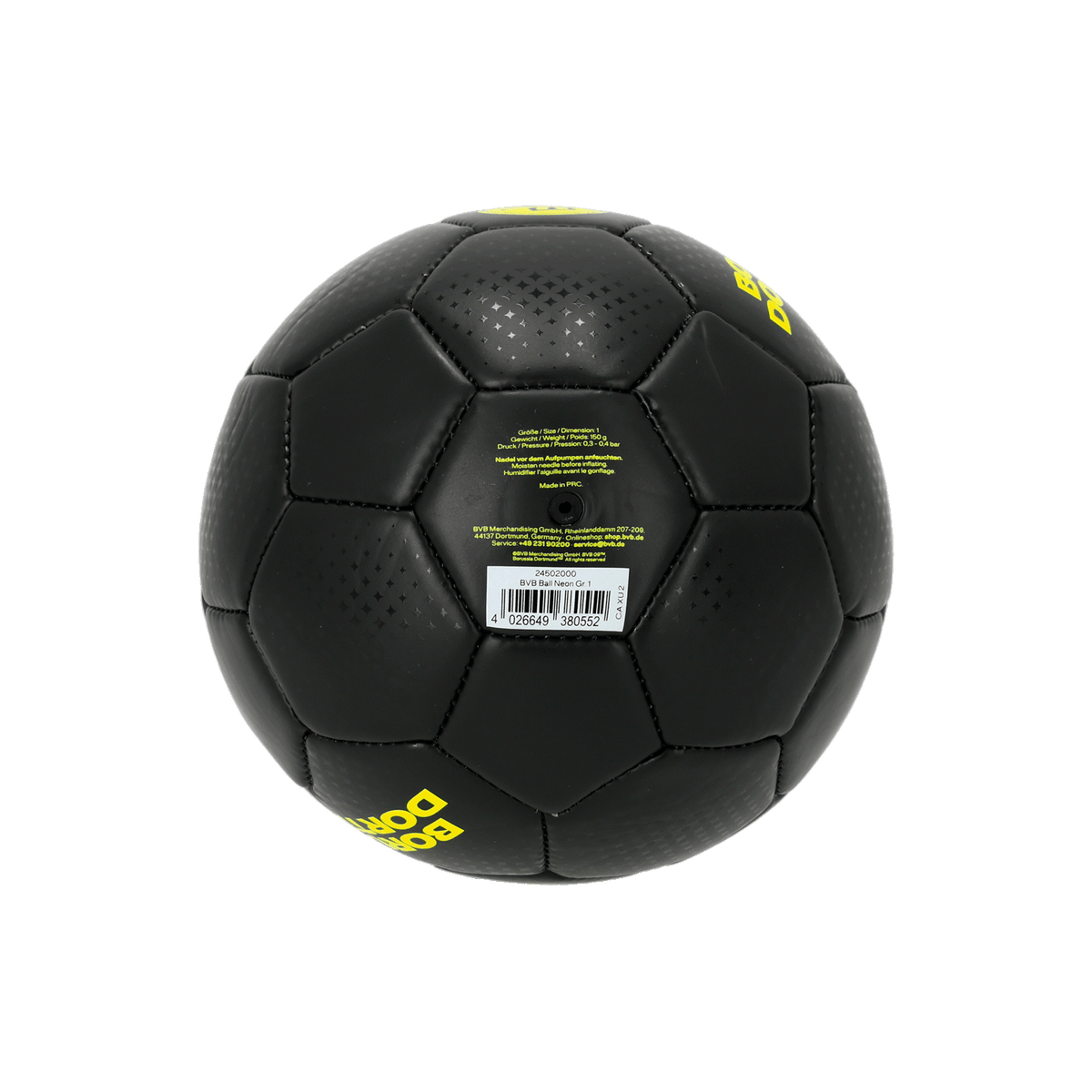 Black-and-yellow BVB ball, size 1, made of high-quality material, ideal for Borussia Dortmund fans.