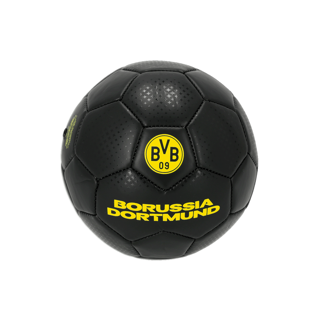 Mini-ballon de football noir du BVB, orné d'un logo BVB aux couleurs fluo et de l'inscription « Borussia Dortmund », idéal pour les supporters et les passionnés de football.