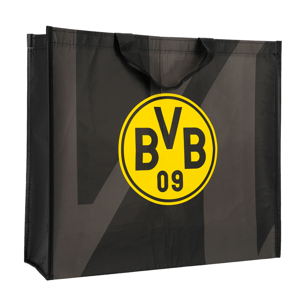 Schwarzgelbe BVB-Einkaufstasche mit großem BVB 09-Logo, ideal für Fans von Borussia Dortmund.