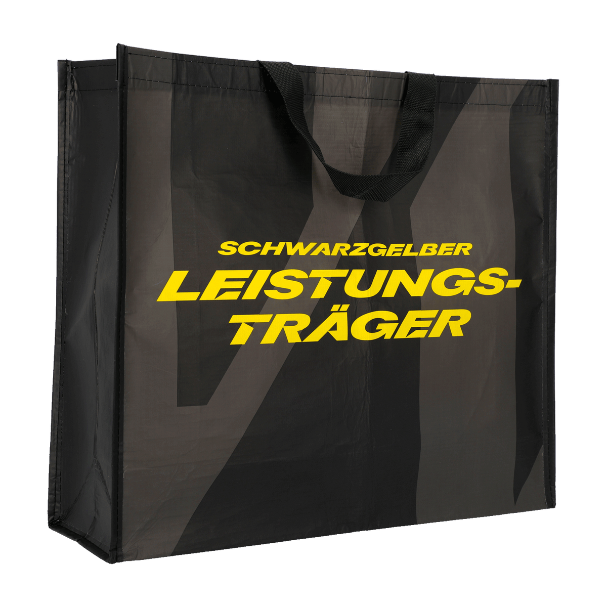 Praktische schwarze BVB-Tragetasche mit auffälliger gelber Aufschrift 'Schwarzgelber Leistungsträger', ideal für Fans des Vereins.