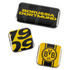 Lot d'aimants BVB aux couleurs noir et jaune, comprenant trois aimants aux motifs différents, idéal comme article de supporters et comme accessoire de décoration.