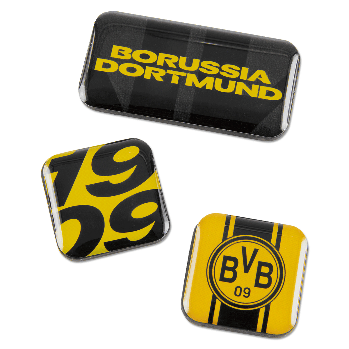 Lot d'aimants BVB aux couleurs noir et jaune, comprenant trois aimants aux motifs différents, idéal comme article de supporters et comme accessoire de décoration.
