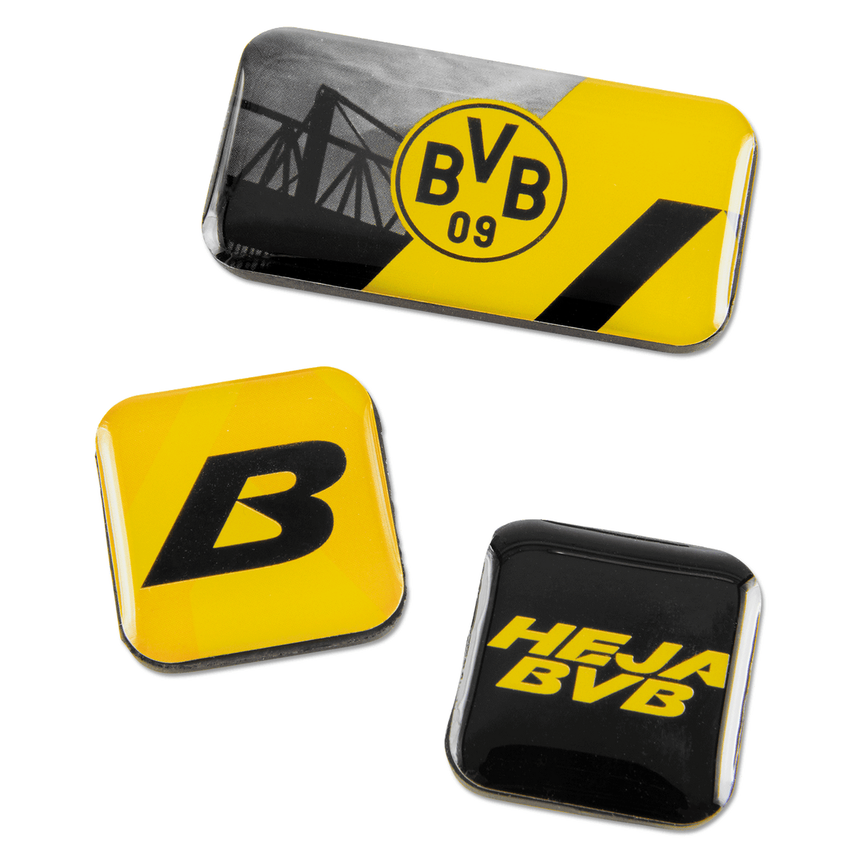 Le lot d'aimants BVB comprend trois aimants à l'effigie du club : le logo du BVB, « HEJA BVB » et un grand « B » aux couleurs noir et jaune, parfaits pour les supporters du Borussia Dortmund.