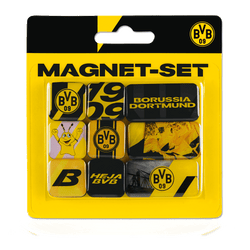 Un juego de imanes del Borussia Dortmund con diez motivos diferentes en negro y amarillo, entre los que se incluyen logotipos del BVB, la inscripción «Heja BVB» e imágenes del estadio, perfecto para los aficionados.