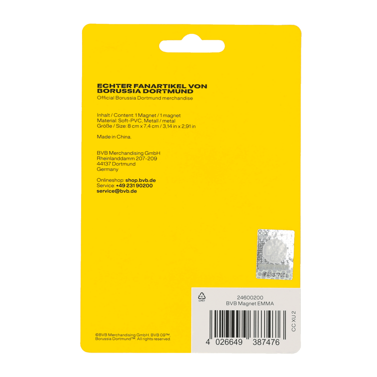 Magnete ufficiale del BVB EMMA della collezione di merchandising del Borussia Dortmund, con design nei colori nero e giallo.