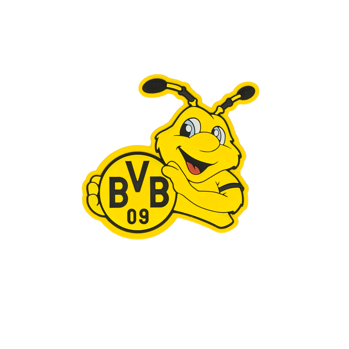 Aimant jaune et noir du BVB représentant le personnage EMMA tenant le logo du BVB avec l'inscription « BVB 09 », produit officiel du Borussia Dortmund destiné aux supporters
