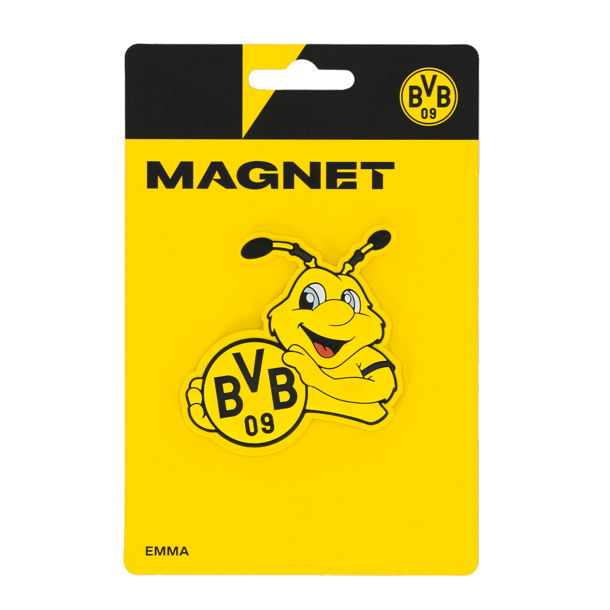 Magnete nero e giallo del BVB con EMMA, la mascotte del Borussia Dortmund, e il logo BVB 09. Perfetto come gadget per i tifosi o come decorazione.
