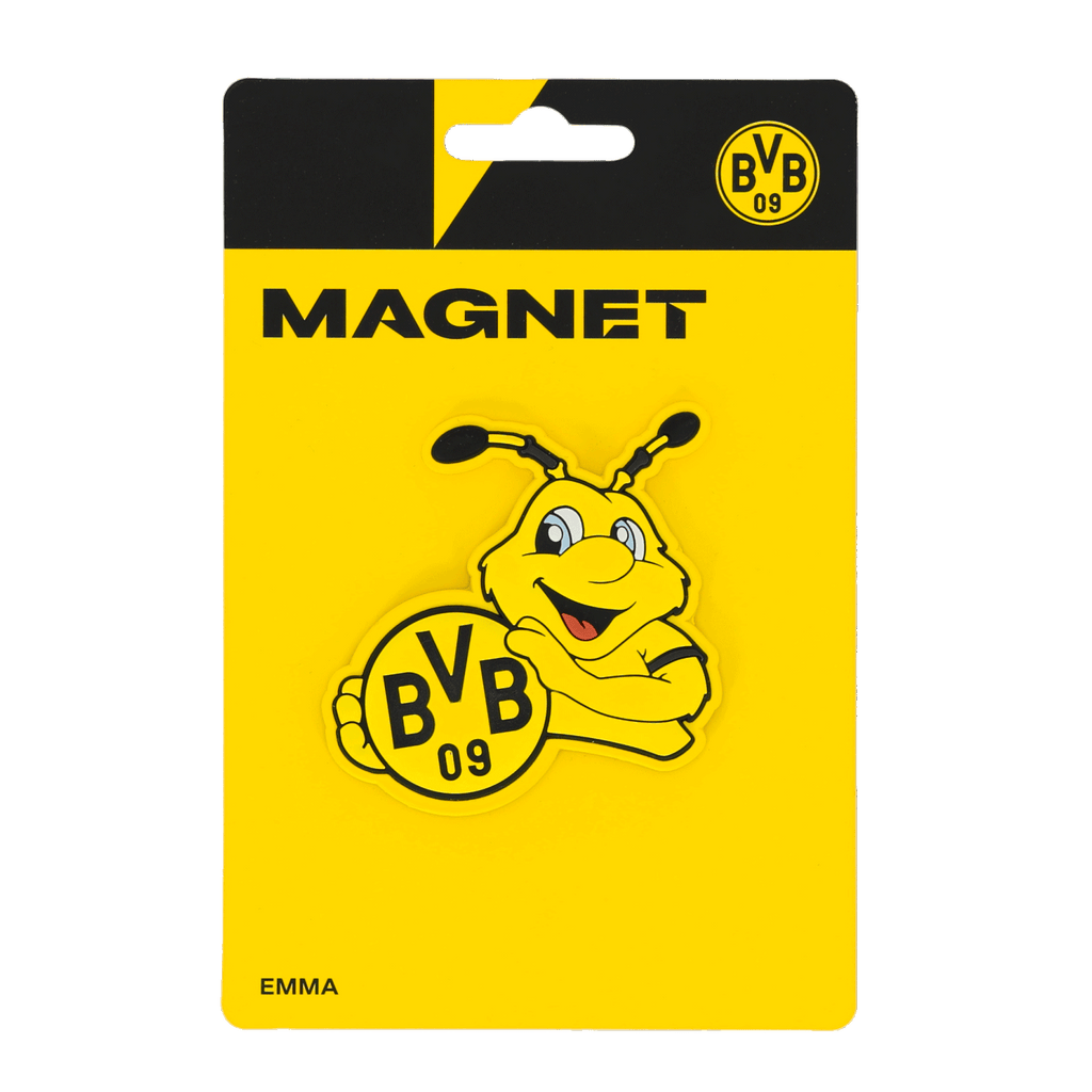 Aimant noir et jaune du BVB représentant EMMA, la mascotte du Borussia Dortmund, et le logo BVB 09. Idéal comme objet de collection pour les fans ou comme décoration.