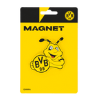 Aimant noir et jaune du BVB représentant EMMA, la mascotte du Borussia Dortmund, et le logo BVB 09. Idéal comme objet de collection pour les fans ou comme décoration.