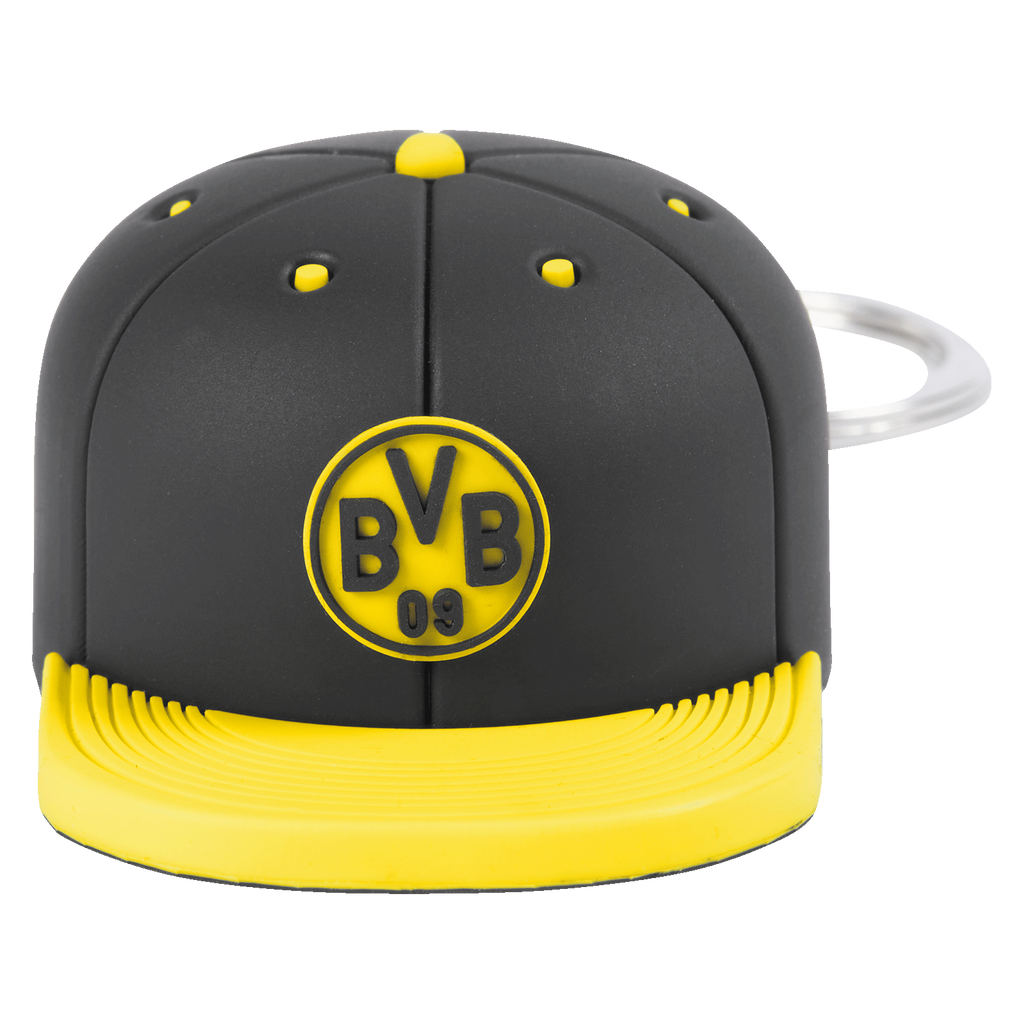 Schlüsselanhänger im Design einer schwarzgelben BVB-Kappe mit integriertem Flaschenöffner, perfektes Accessoire für Fans von Borussia Dortmund.