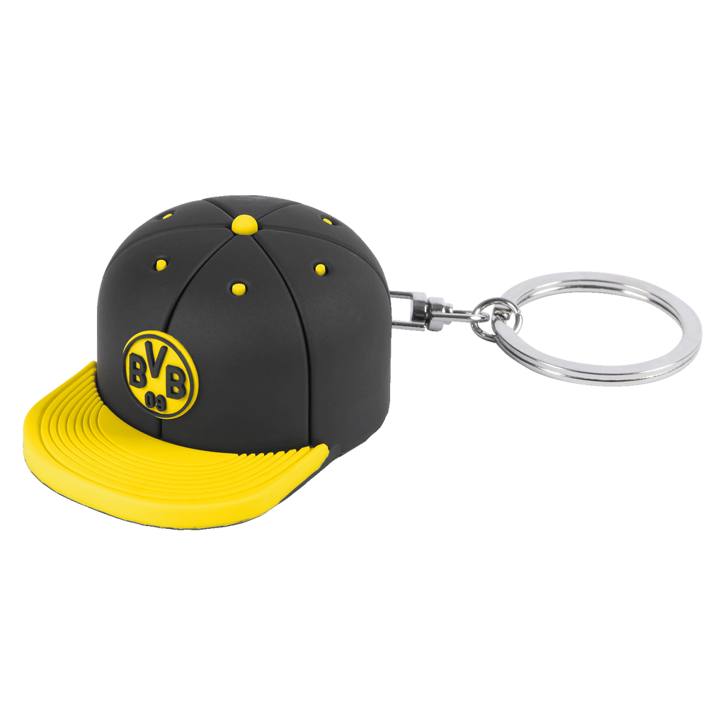 Schlüsselanhänger in Form einer schwarzgelben BVB-Kappe mit integriertem Flaschenöffner, ein praktisches Accessoire für Borussia Dortmund Fans.