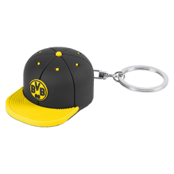 Llavero con forma de gorra del BVB en negro y amarillo con abrebotellas integrado, un práctico accesorio para los aficionados del Borussia Dortmund.
