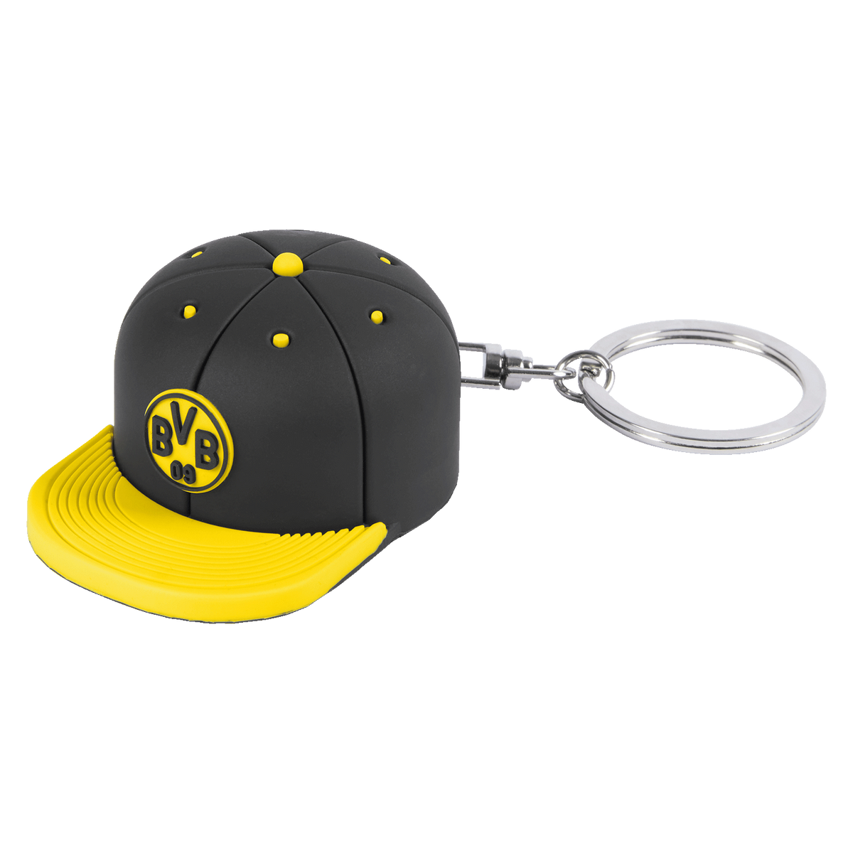 A keychain shaped like a black-and-yellow BVB cap with a built-in bottle opener—a practical accessory for Borussia Dortmund fans.