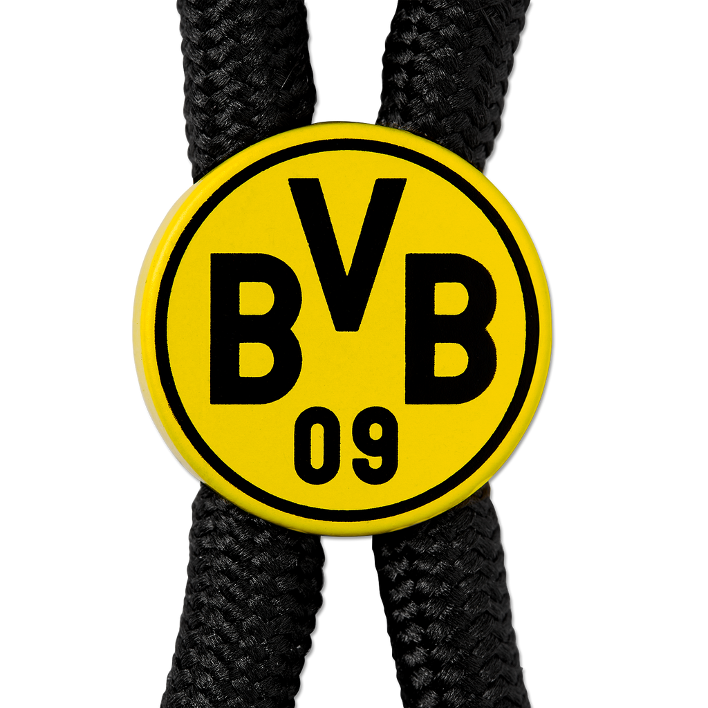 Porte-clés BVB avec un pendentif rond aux couleurs noir et jaune, arborant le logo du BVB et l'inscription « BVB 09 », fixé à un cordon noir.