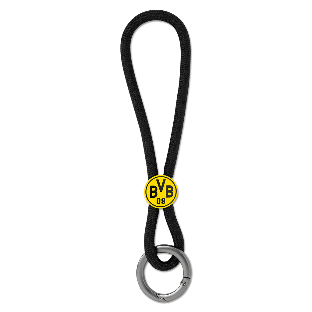 Porte-clés noir du BVB muni d'une lanière robuste, d'un logo BVB jaune et d'un anneau métallique argenté, idéal pour les supporters du Borussia Dortmund.