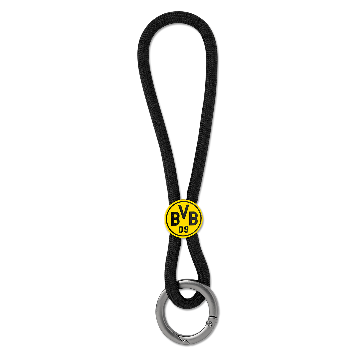 Porte-clés noir du BVB muni d'une lanière robuste, d'un logo BVB jaune et d'un anneau métallique argenté, idéal pour les supporters du Borussia Dortmund.