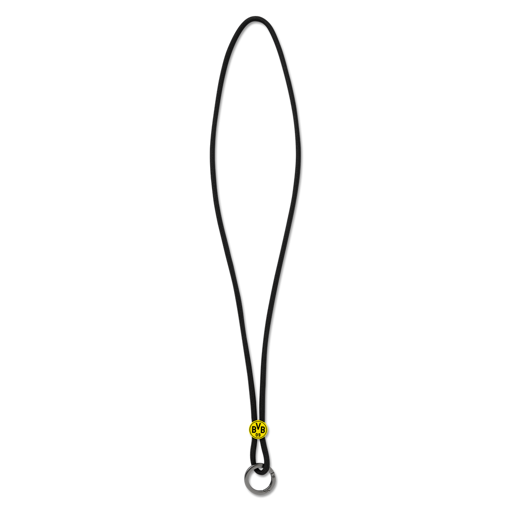 Laccetto nero del BVB con logo giallo del BVB e robusto anello in metallo, perfetto come elegante accessorio per i tifosi.