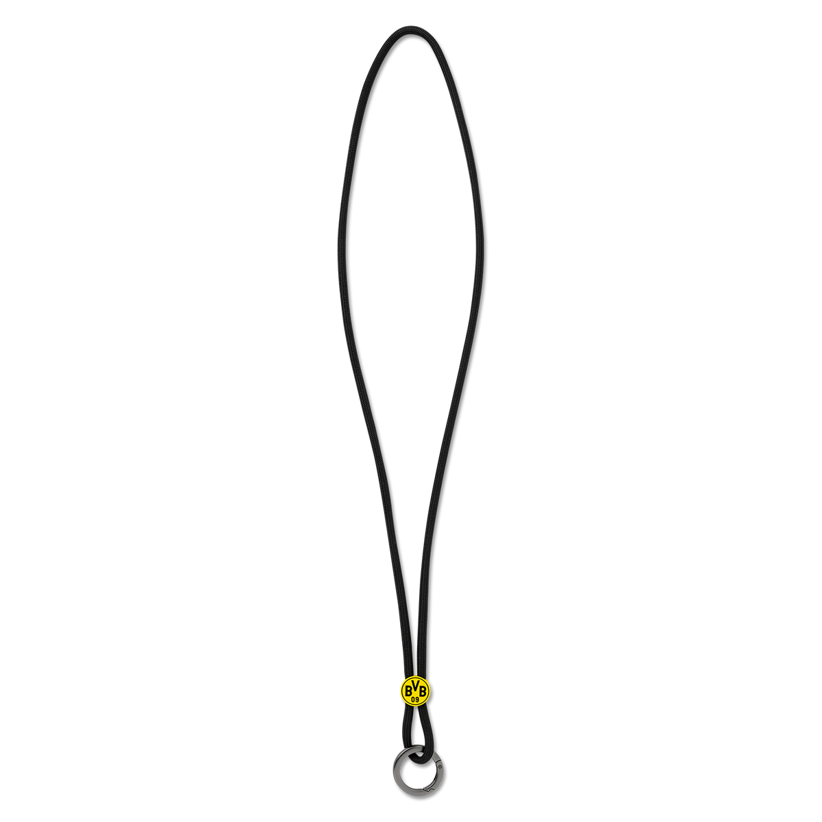 Black BVB lanyard with a yellow BVB logo and a sturdy metal ring—perfect as a stylish fan accessory.