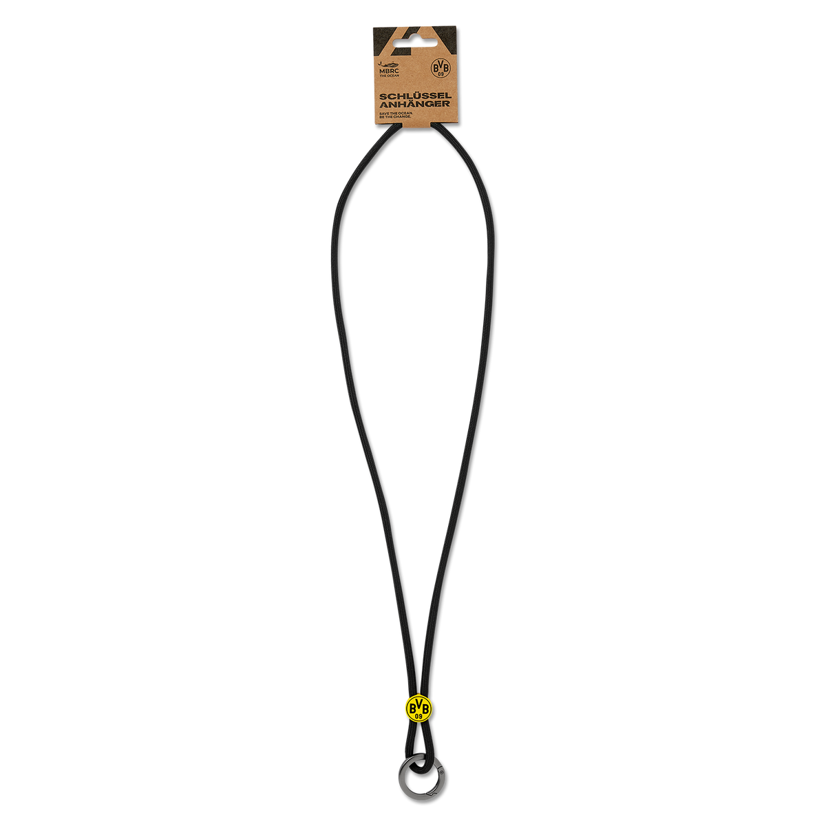 Portachiavi nero con il logo del BVB in giallo, ideale per i tifosi del Borussia Dortmund. Dotato di un anello nero per agganciare le chiavi.