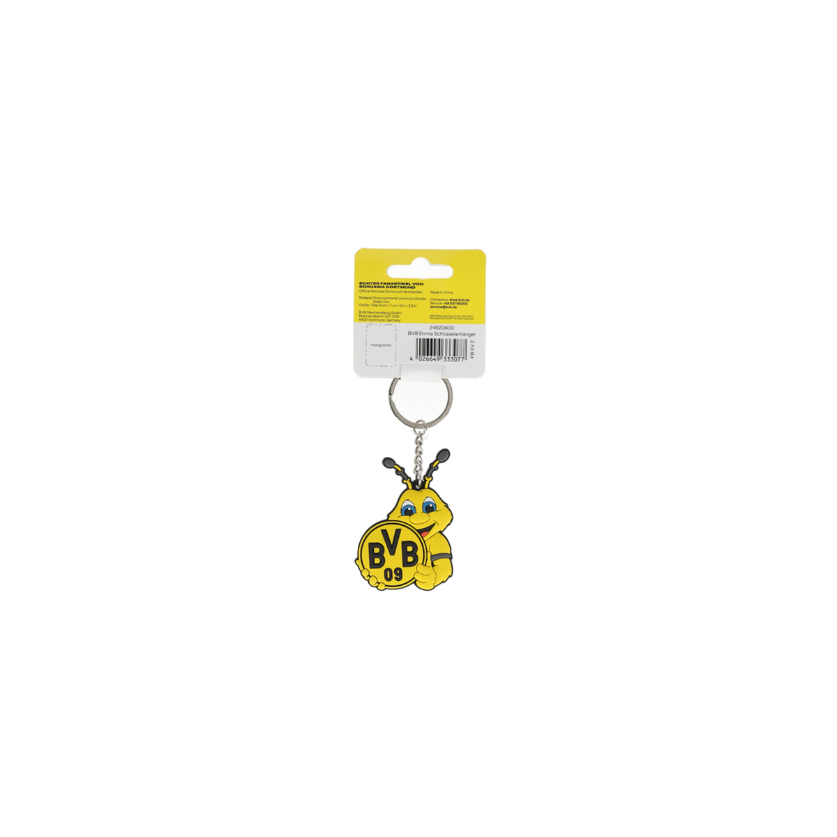 Schlüsselanhänger von Borussia Dortmund mit EMMA-Motiv und BVB 09 Logo, perfektes Accessoire für Fans.