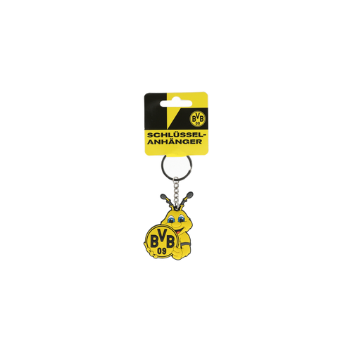 Key chain featuring BVB's mascot EMMA, in black-and-yellow design with the BVB 09 logo; official Borussia Dortmund fan merchandise.