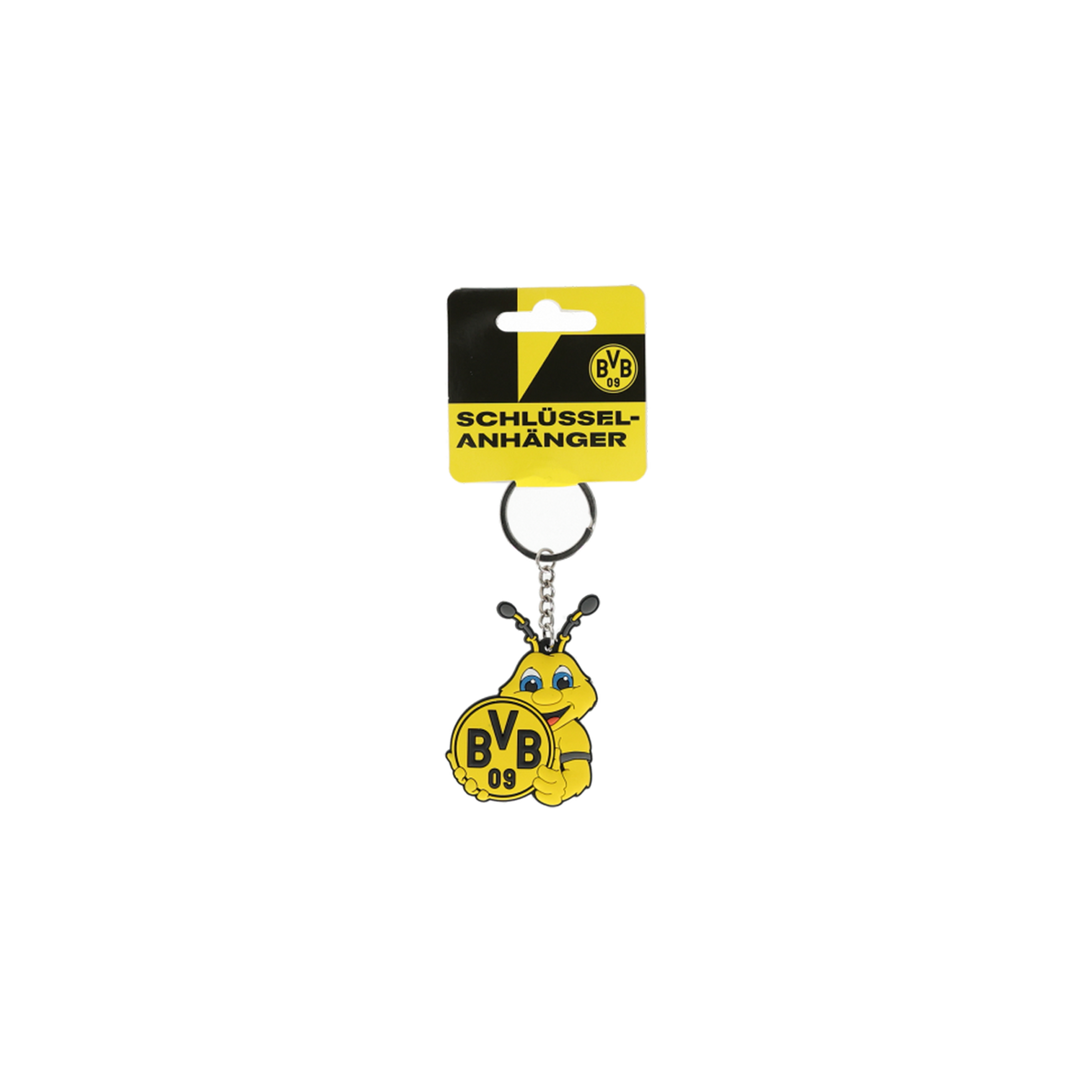Llavero con EMMA, la mascota del BVB, diseño en negro y amarillo y logotipo del BVB 09; producto oficial para aficionados del Borussia Dortmund.