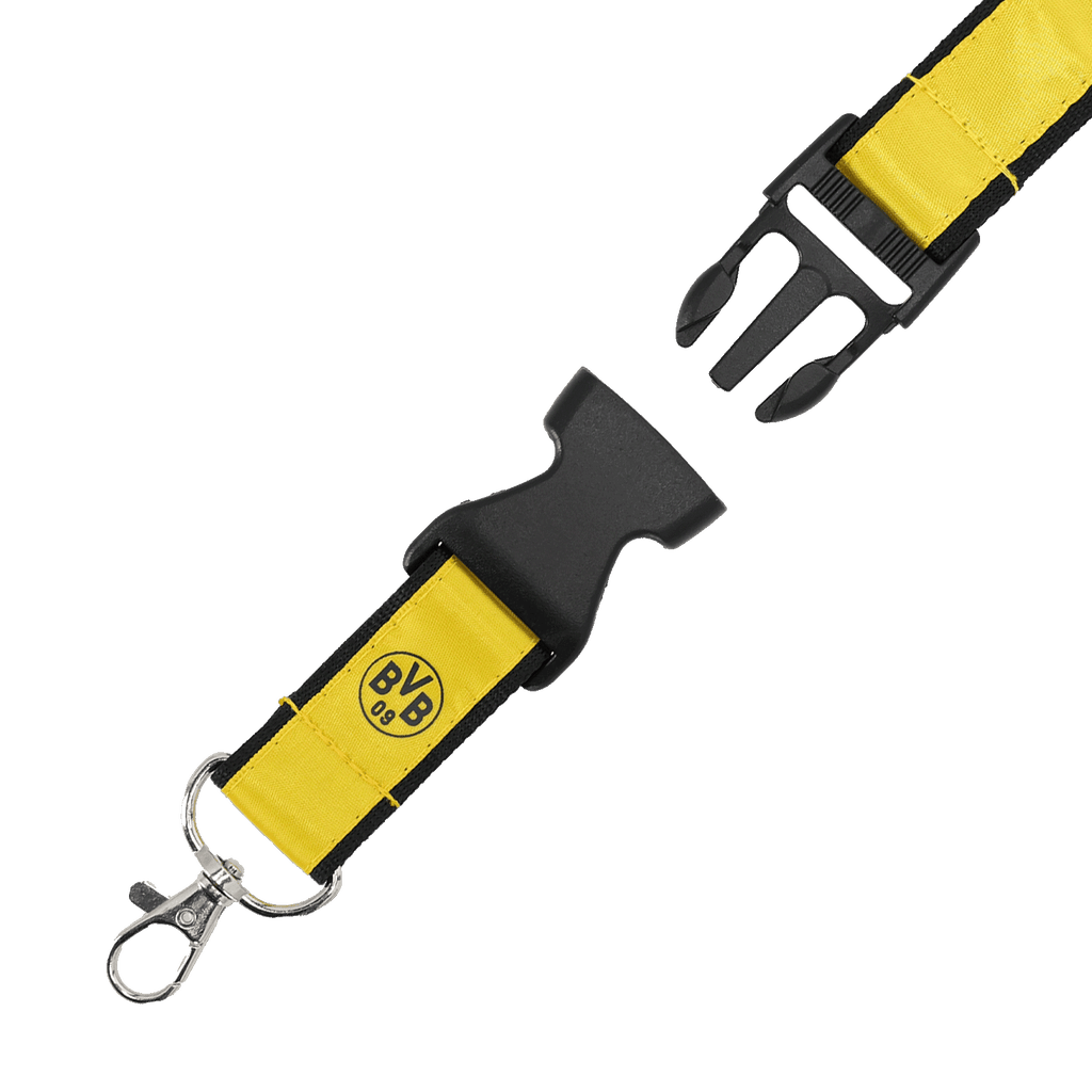 Laccetto per chiavi nei colori nero e giallo con la scritta BVB, ideale come gadget per i tifosi. Dotato di clip rimovibile e pratico moschettone.