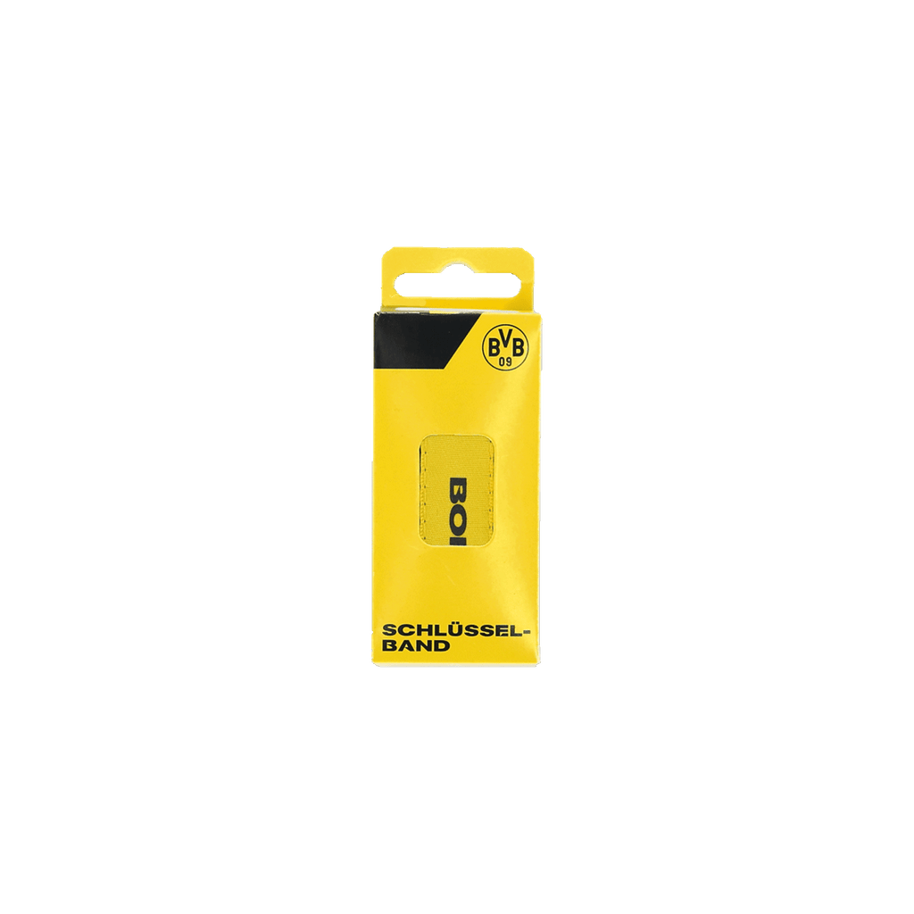 Portachiavi del Borussia Dortmund nei colori nero e giallo con scritta, confezionato in una scatola gialla con il logo del BVB sulla parte superiore.